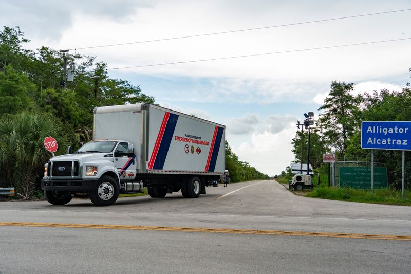 A Florida Division of Emergency Management box truck exits Alligator Alcatraz in Ochopee, Fla., on Tuesday, June 23, 2026.