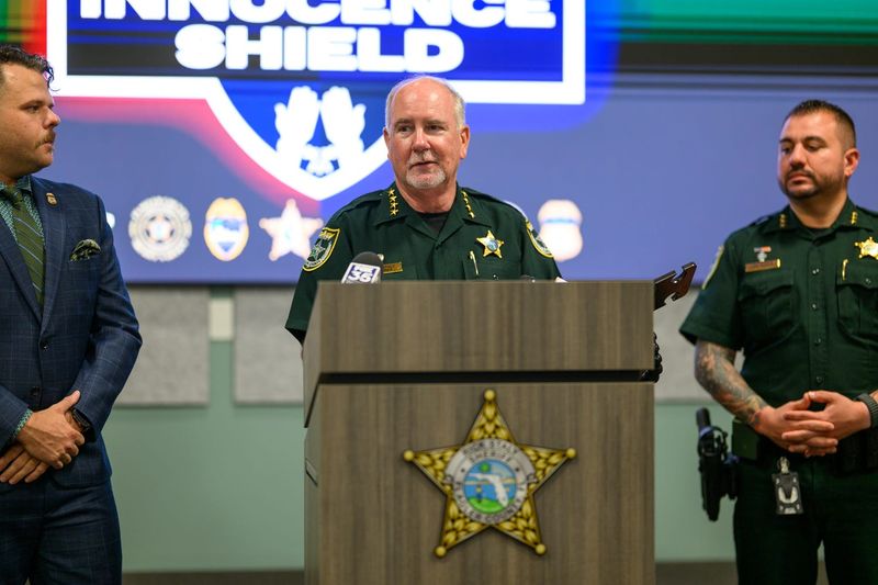 Flagler County Sheriff Rick Staly speaks during a press conference about Operation Innocence Shield at the Flagler County Sheriff’s Office, Tuesday, June 23, 2026, in Palm Coast, Fla.