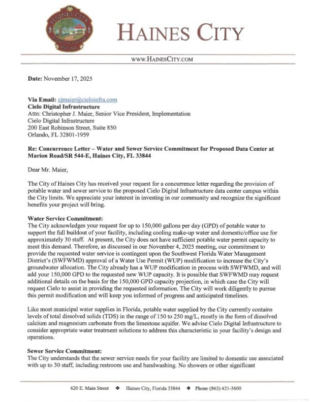 Haines City staff met with data center developer Cielo Digital Infrastructure in November 2025, informing the developer the city did not have the permitted water-use capacity for an industrial user requiring 150,000 gallons-per-day due to a water supply shortage.