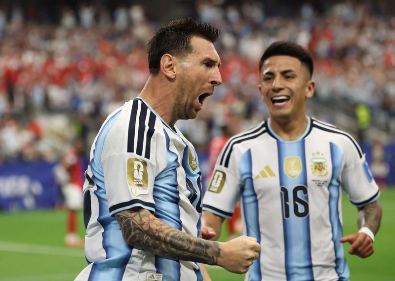 June 22, 2026; Arlington, Texas, U.S.; Argentina's Lionel Messi celebrates scoring their first goal.  Mandatory Credit: Troy Taormina-Imagn Images