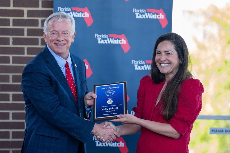 Leon High School Kelly Folmar is awarded the Florida TaxWatch inaugural School Counselor of the Year award by Florida TaxWatch President and CEO Jeff Kottkamp on Wednesday, June 24, 2026.