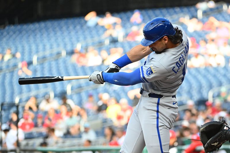 Jun 15, 2026; Washington, District of Columbia, USA; Kansas City Royals right fielder Jac Caglianone (14) singles against the Washington Nationals during the first inning at Nationals Park. Mandatory Credit: Brad Mills-Imagn Images