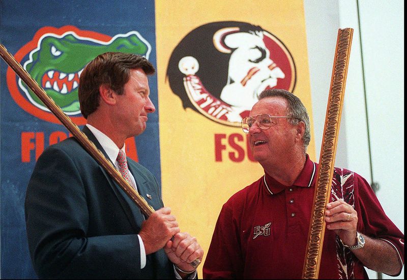 1997; Florida; Steven Spurrier and Bobby Bowden help grown the Florida-Florida State rivalry into what it is today. Here, the two are seen in a 1997 meeting; Mandatory credit: Brian Myrick-USA TODAY NETWORK via Imagn Images