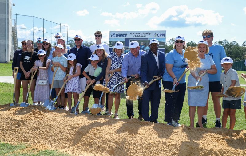 The Hitchcock family and SF officials throw the ceremonial shovel of dirt during the Hitchcock Family Clubhouse groundbreaking ceremony at the Santa Fe College baseball complex in Gainesville, FL on Thursday, June 25, 2026. The  Hitchcock family donated a large portion of the $2.5 million for the project that has been talked about for more than a decade. Currently, baseball and softball players have to change in their cars before games. [Alan Youngblood/Gainesville Sun]
