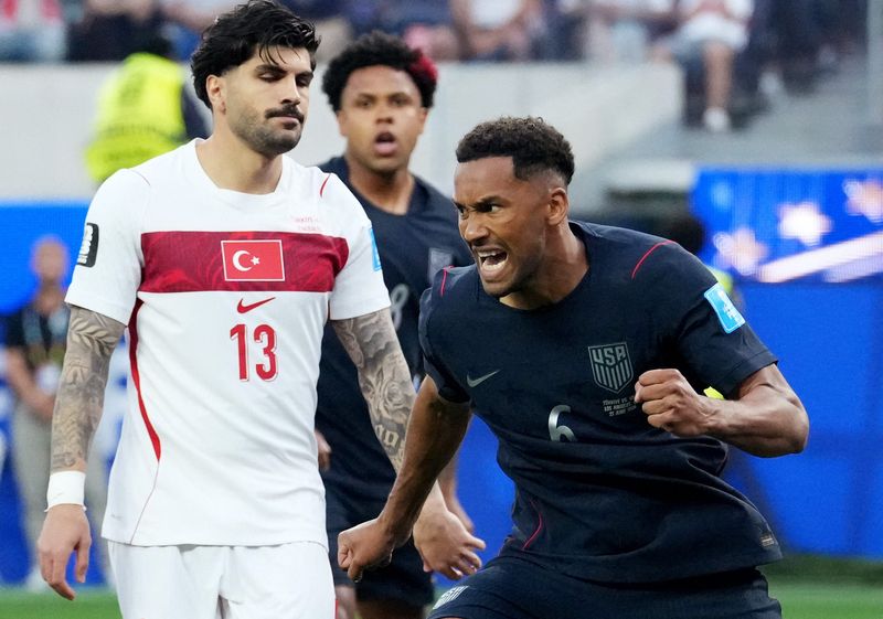 June 25, 2026; Inglewood, California, U.S.; Auston Trusty of the U.S. celebrates scoring their first goal.  Mandatory Credit: Kirby Lee-Imagn Images