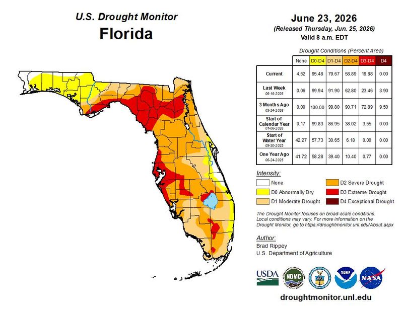 After steady rainfall starting in May and continuing into June, the drought in Leon County has eased from an exceptional drought (D4, the highest level) to a moderate drought (D1), according to the U.S. Drought Monitor map released June 25, 2026.