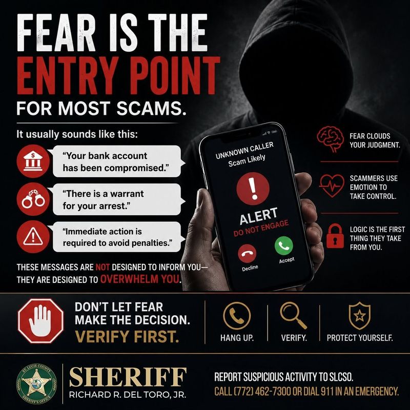"Fear is the entry point" for most scams, is key to the message the St. Lucie County Sheriff's Office is getting out to the public as part of a cyber crime awareness campaign the agency launched in June 2026.