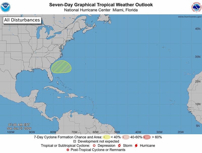 Seven-day graphical tropical weather outlook as of 8 a.m., June 27, 2026.