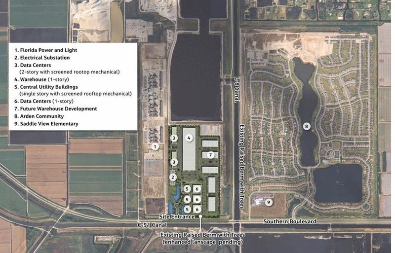 The map shows the location of the data center. To the right is Saddleview Elementary School and the Arden residential development.