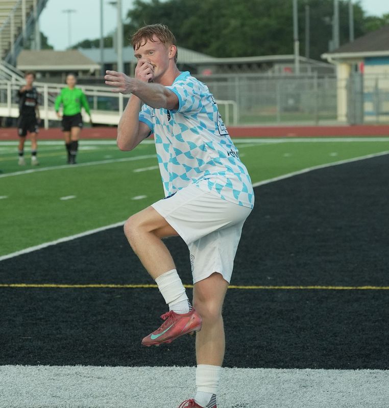 Shark Coast FC’s Giuseppe Croce (11) celebrates his goal against Lake Nona on June 27, 2026, at New Smyrna Beach Sports Complex.