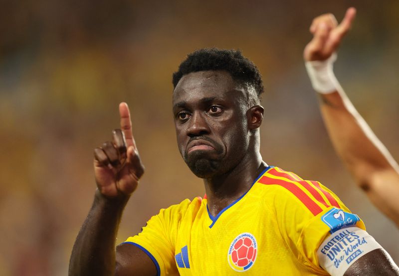 June 27, 2026; Miami Gardens, Florida, U.S.; Colombia's Davinson Sanchez reacts after scoring a goal that is later disallowed.  Mandatory Credit: Sam Navarro-Imagn Images