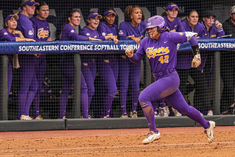 May 7, 2025; Athens, GA, USA; LSU utility Tori Edwards (42) runs the bases against Mississippi St. at Jack Turner Stadium. Mandatory Credit: Dale Zanine-Imagn Images