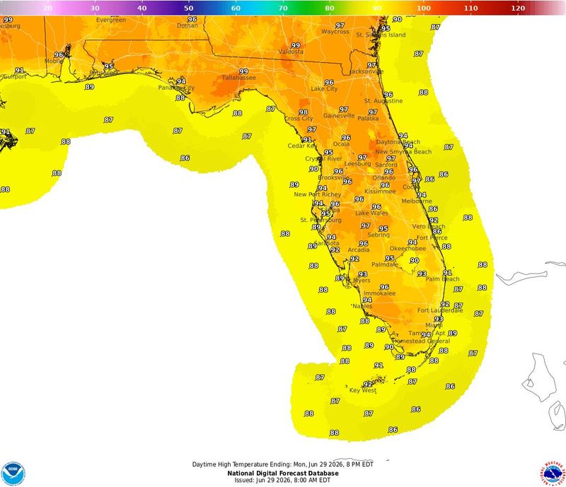 Expected temperatures June 29, 2026.