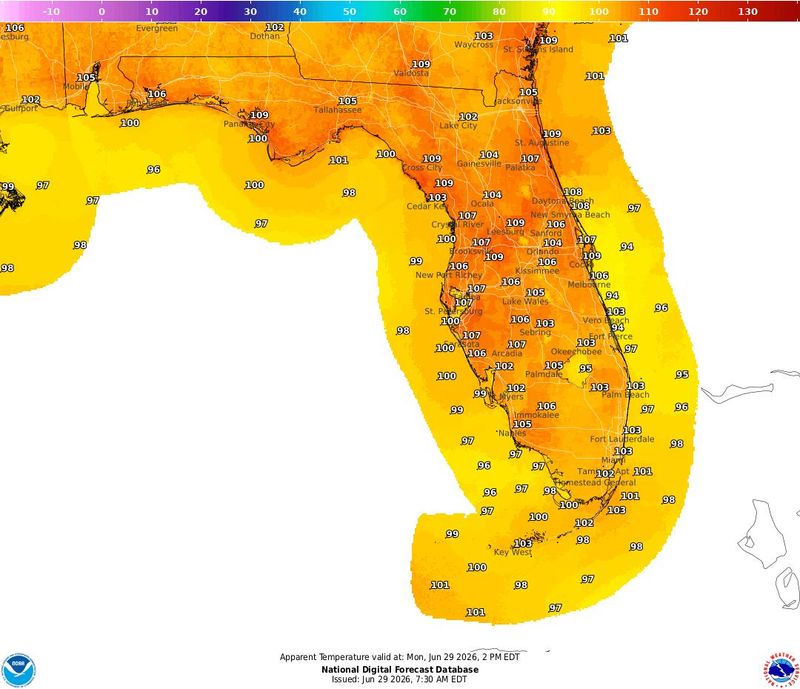 Expected heat index for June 29, 2026, at 2 p.m.