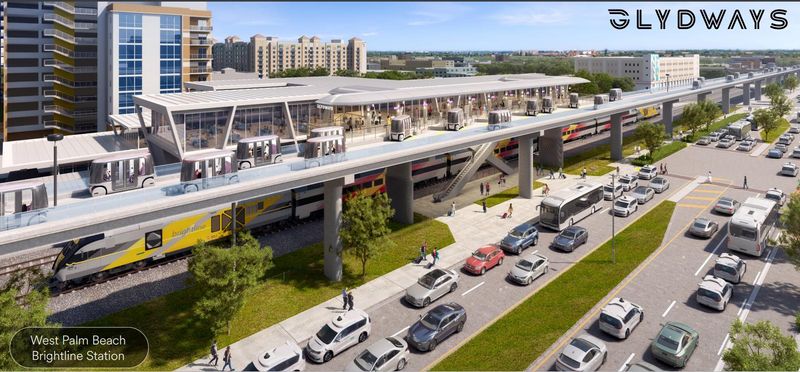 A rendering shows a proposed self-driving car service along an elevated roadway between downtown West Palm Beach and Palm Beach County’s airport. California-based transit company Glydways has pitched the innovative project to Palm Beach County government leaders.
