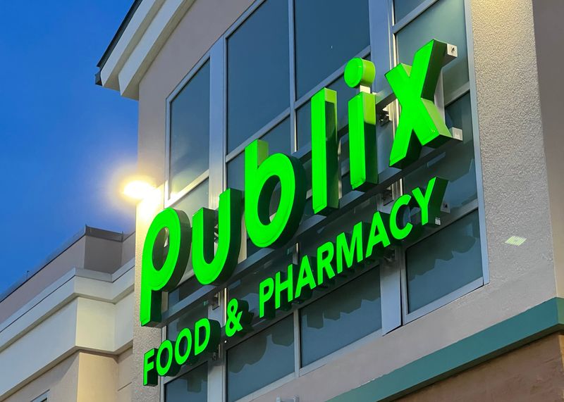 A Publix sign is lit up in DeLand, Florida, Feb. 24, 2026.
