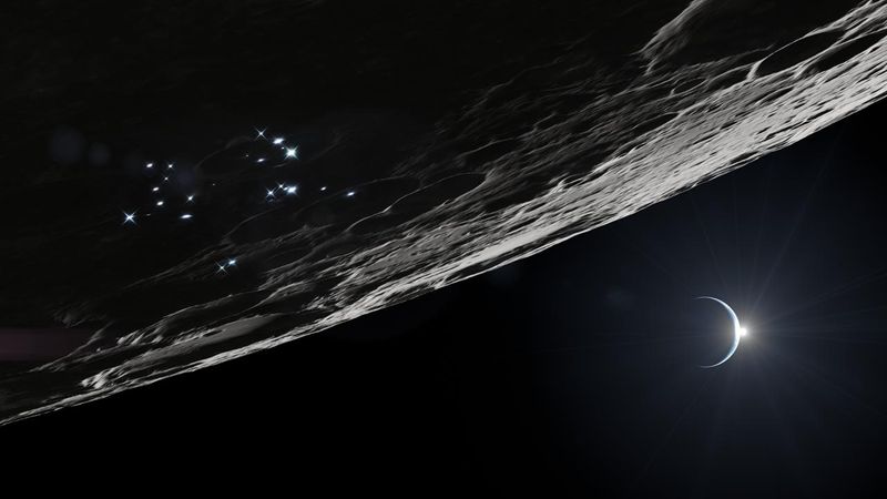 Artist’s rendering of the Moon’s South Pole region. Glowing points of light scattered across the lunar surface represent surface assets supporting sustained human and robotic operations near the South Pole.