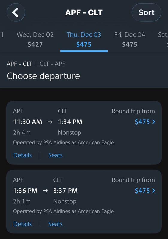 Screenshot June 30, 2026, of American Airlines flights between Naples, Florida, and Charlotte, North Carolina, starting Dec. 2, 2026.
