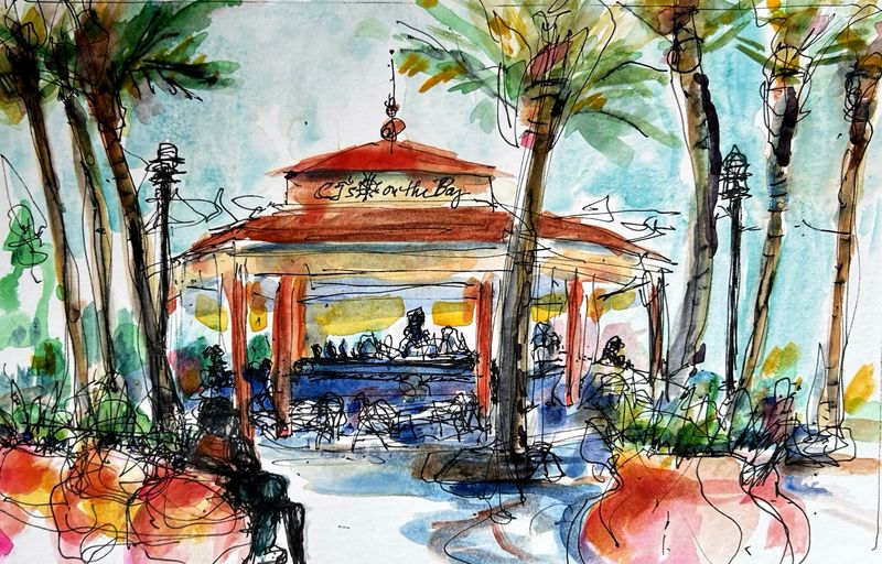Hope Hanley draws inspiration from urban sketching, watercolor painting, and the landscapes she has called home. Above: CJ’s On The Bay, Marco Island.