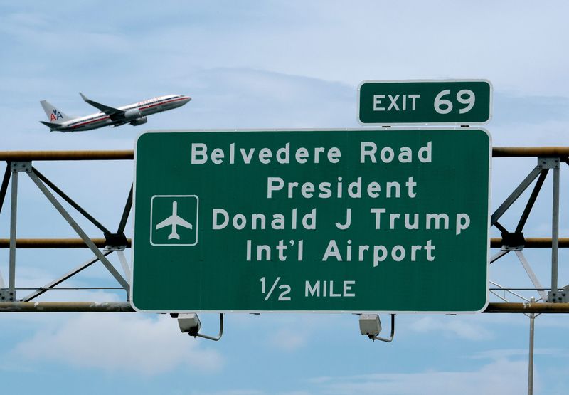 New exit signs on Interstate 95 have been changed to Donald J. Trump International Airport replacing the Palm Beach International Airport signs on July 2, 2026 in West Palm Beach, Florida. The name change is official on July 9.