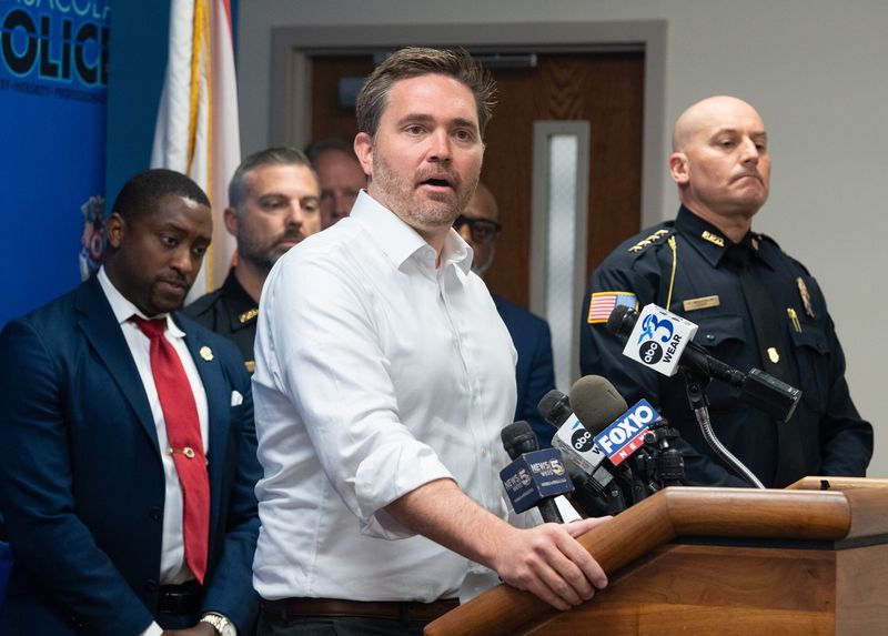 Mayor D.C. Reeves talks about the fatal shooting on Intendencia Street early on Sunday morning during a press conference at the Pensacola Police Department on July 6, 2026.