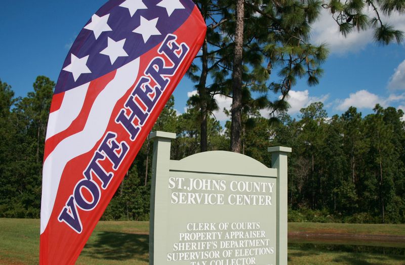 A flag marks the voting location at the St. Johns County Service Center on Flora Branch Boulevard in this 2008 photo.
