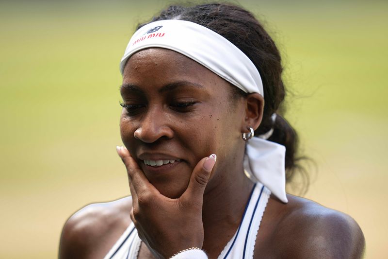 Jul 7, 2026; London, United Kingdom; Coco Gauff of the United States celebrates winning her match against Jessica Pegula of the United States on day nine at All England Lawn Tennis and Croquet Club.  Mandatory Credit: Susan Mullane-Imagn Images