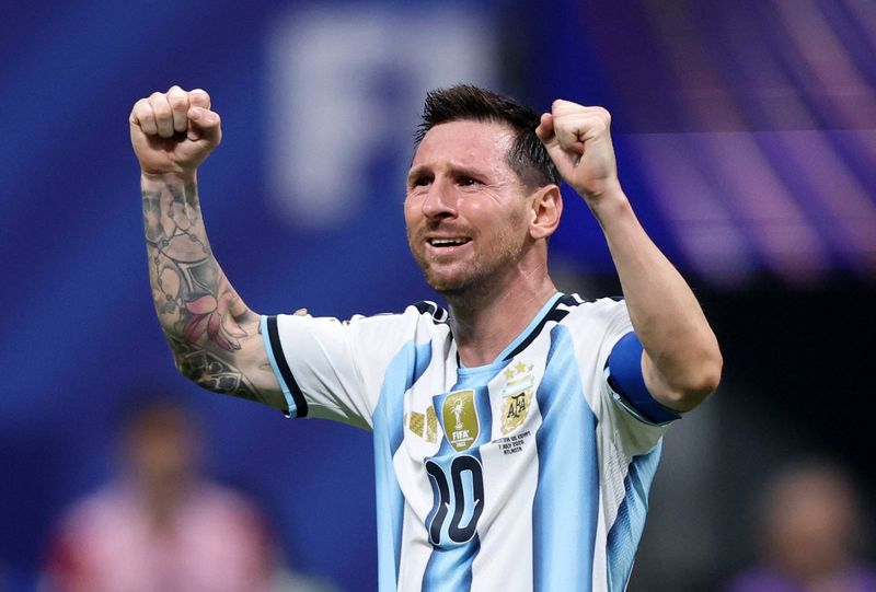 July 7, 2026; Atlanta, Georgia, U.S.; Argentina's Lionel Messi celebrates after the match as Argentina qualify for the quarter finals of the World Cup.  Mandatory Credit: Brett Davis-Imagn Images