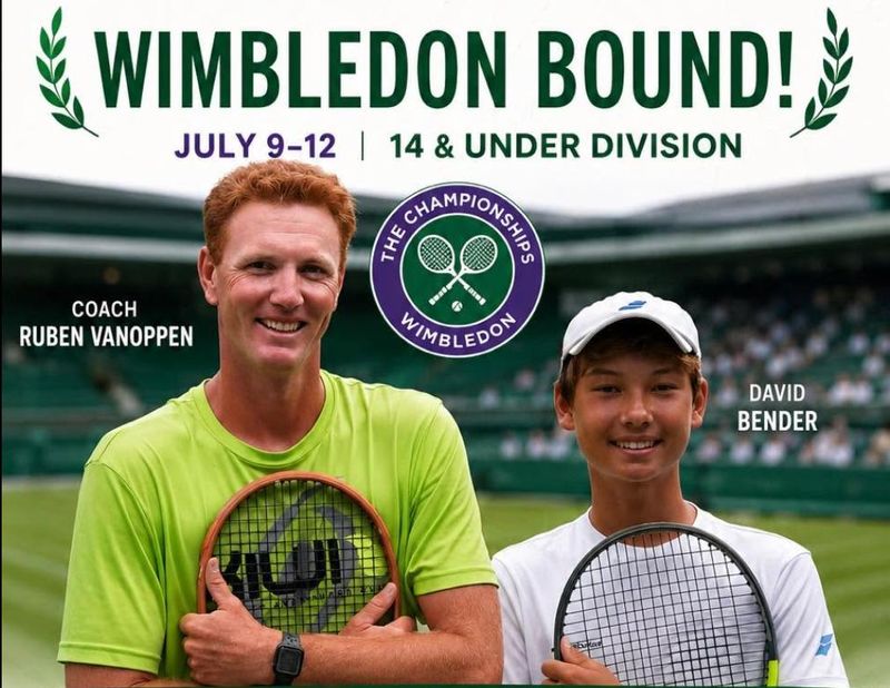 David Bender will be competing at Wimbledon starting July 9, 2026, in the 14-and-under division. Bender will travel with coach Ruben Vanoppen.