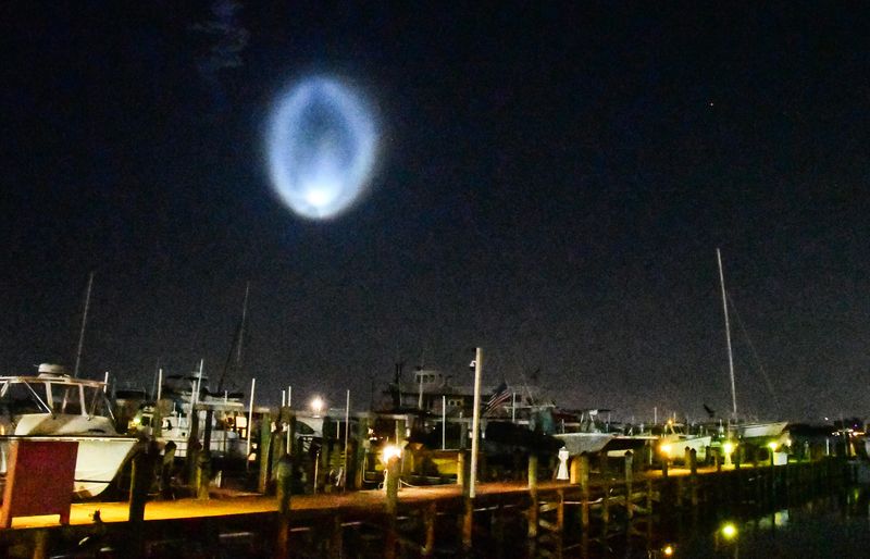 Launch of a SpaceX Falcon 9 rocket carrying 29 Starlink satellites. The rocket launched at 5:25 a.m. Thursday, July 9 from Launch Complex 40 at Cape Canaveral Space Force Station. The rocket’s contrail created a predawn “jellyfish” with sunlight hitting the contrail.