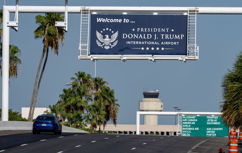 New signs welcome travelers to Donald J. Trump International Airport  on July 9, 2026 in West Palm Beach, Florida.