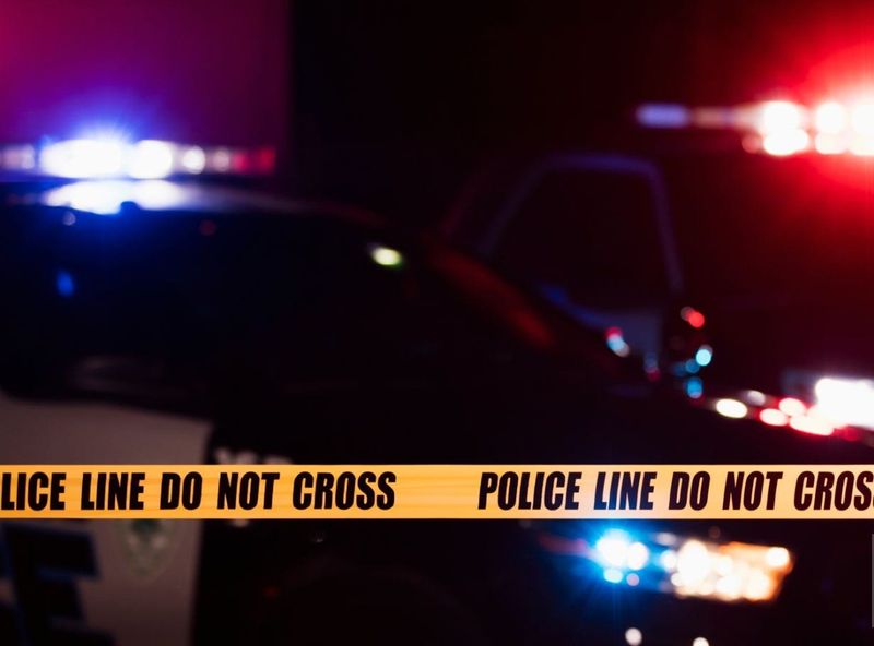 Two multi-ethnic police officers standing in front of patrol cars, behind police tape, wearing bulletproof vests and duty belts. The policewoman is a mature African-American woman in her 40s. Her partner is a mid adult man in his 30s. It is nighttime and the emergency lights on top of the vehicles are flashing.  The focus is on the cordon tape in the foreground.
