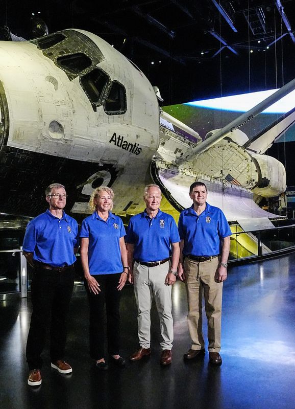 The astronauts of STS-135, the final Space Shuttle mission, pose for pictures in front of shuttle Atlantis at Kennedy Space Center Visitor Complex July 11, 2026. 15 years ago, Chris Ferguson, Sandy Magnus, Doug Hurley and Rex Walheim launched aboard shuttle Atlantis on the final mission of the program. Craig Bailey, FLORIDA TODAY via USA TODAY NETWORK