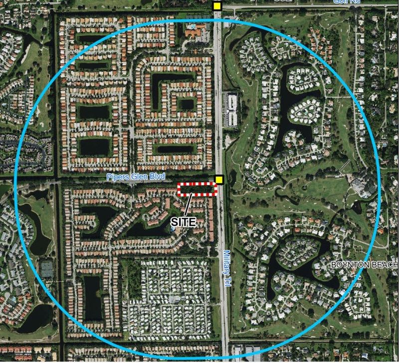 The 2-acre parcel, highlighted in red, is where 7 homes would go near Pipers Glen in Boynton Beach. The parcel had been the site of an entrance sign. Seven homes will be built there.