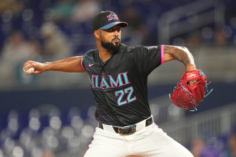 Jul 10, 2026; Miami, Florida, USA;  Miami Marlins pitcher Sandy Alcantara (22) throws against the Cleveland Guardians in the first inning at loanDepot Park. Mandatory Credit: Jim Rassol-Imagn Images