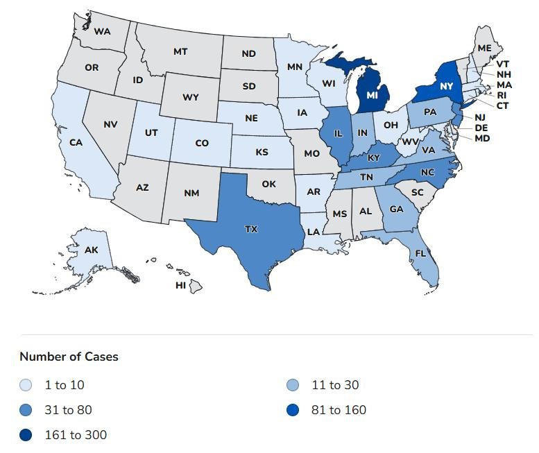 CDC surveillance data as of July 9, 2026, shows New Jersey in the 31-80 case category for cyclosporiasis, the illness caused by the Cyclospora parasite.