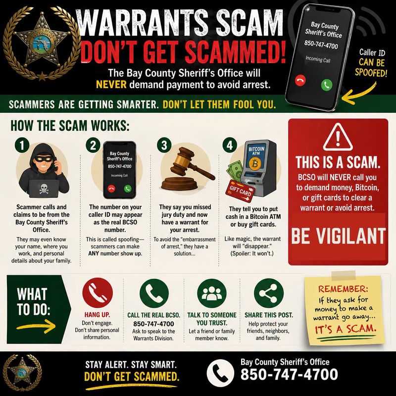 A graphic shared by the Bay County Sheriff's Office warning residents of ongoing warrant scams.