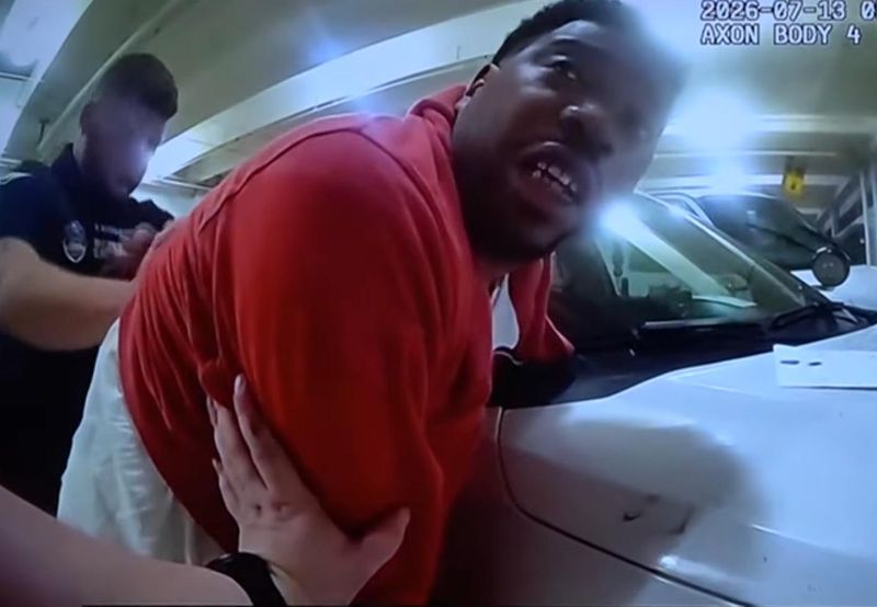 Kaashif Griffin is shown in this image from Jacksonville sheriff's officer Shane Saydek's bodyworn camera before being punched in frustration by the officer during a July 13 arrest on charges of possession of an open container in a vehicle and resisting an officer. Saydek also was charged with battery for his actions.