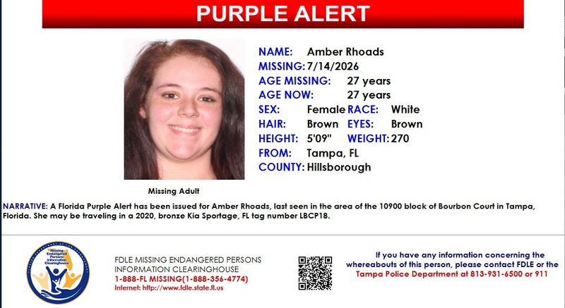 A Purple Alert was issued July 14, 2026, for missing woman Amber Rhoads, 27, of Tampa.