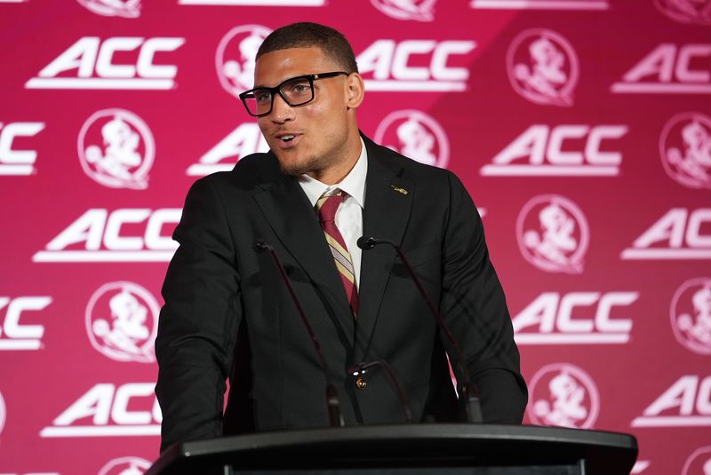 Jul 15, 2026; Charlotte, NC, USA;  Florida State Seminoles wide reciever Duce Robinson speaks to the media during ACC Media Days at Hilton Charlotte Uptown. Mandatory Credit: Jim Dedmon-Imagn Images