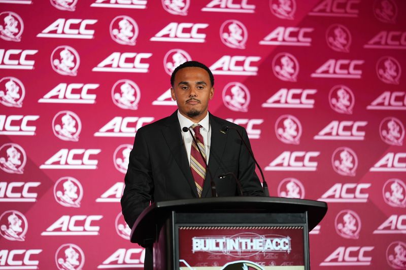 Jul 15, 2026; Charlotte, NC, USA;  Florida State Seminoles quarterback Ashton Daniels  speaks to the media during ACC Media Days at Hilton Charlotte Uptown. Mandatory Credit: Jim Dedmon-Imagn Images