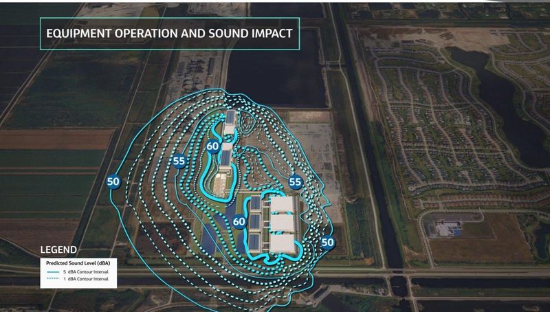 A noise map showing the decibel levels that would result from the data center. Critics of the project question the validity of the study.