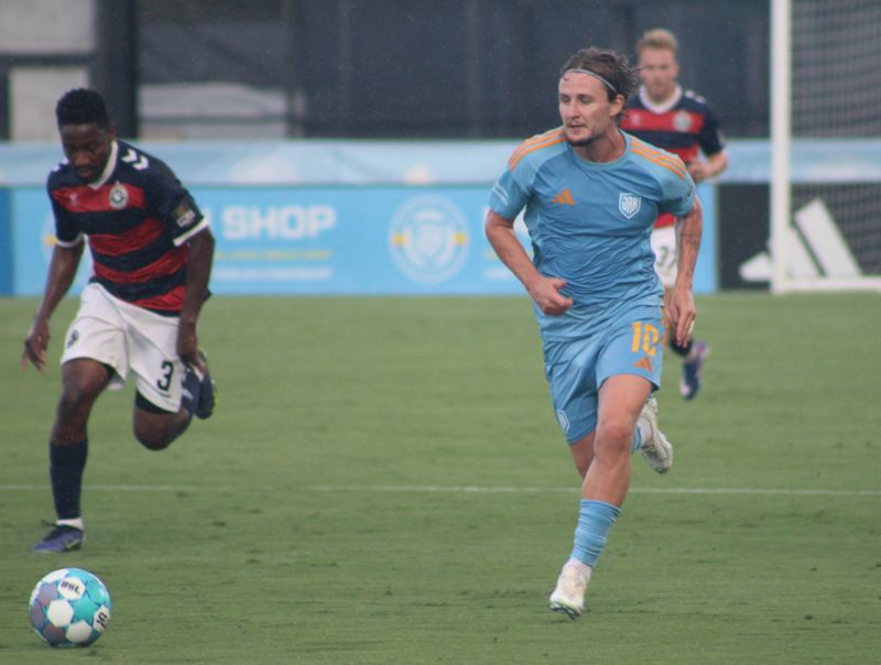 Sporting Jax midfielder Kieran Sadlier (10) dribbles upfield against the Pittsburgh Riverhounds during a USL Championship men's soccer game on July 15, 2026. [Clayton Freeman/Florida Times-Union]