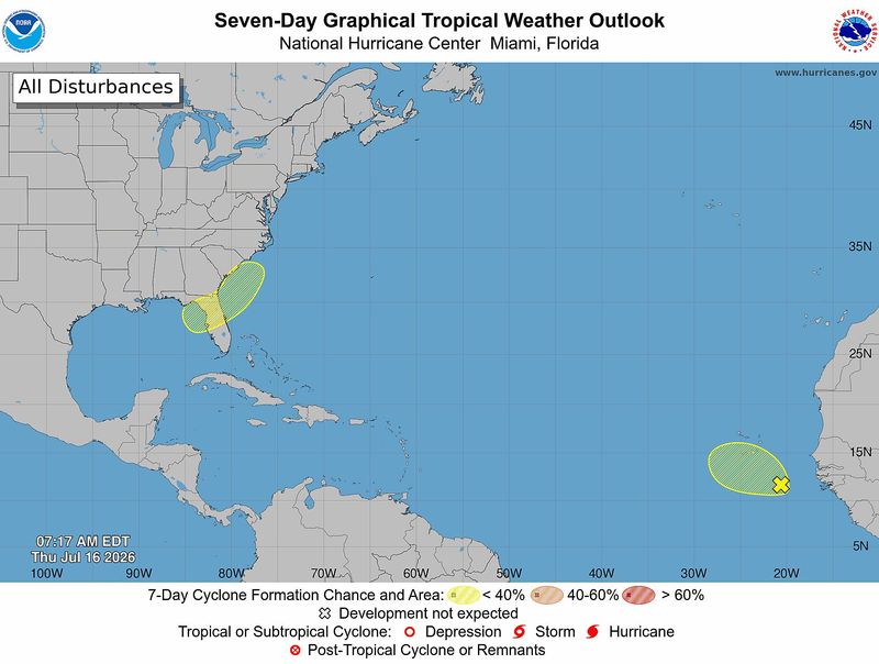 Tropical conditions at 8 a.m. July 16, 2026.