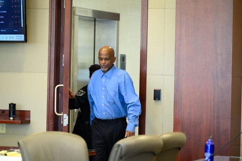 Jermaine Williams Sr., on trial charged with killing his wife, walks in to the court room after a recess, Thursday, July 16, 2026, at the Kim C. Hammond Justice Center in Bunnell. He could face the death penalty if convicted as charged.