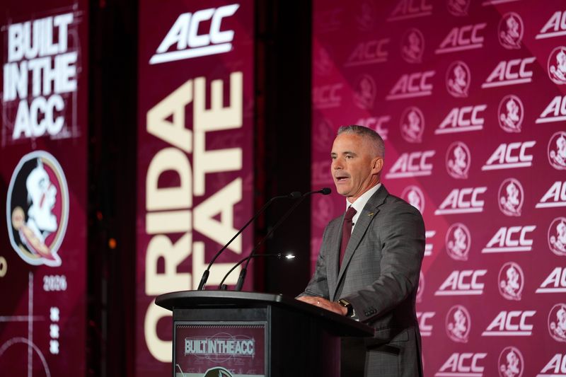 Jul 15, 2026; Charlotte, NC, USA;  Florida State Seminoles head coach Mike Norvell speaks to the media during ACC Media Days at Hilton Charlotte Uptown. Mandatory Credit: Jim Dedmon-Imagn Images