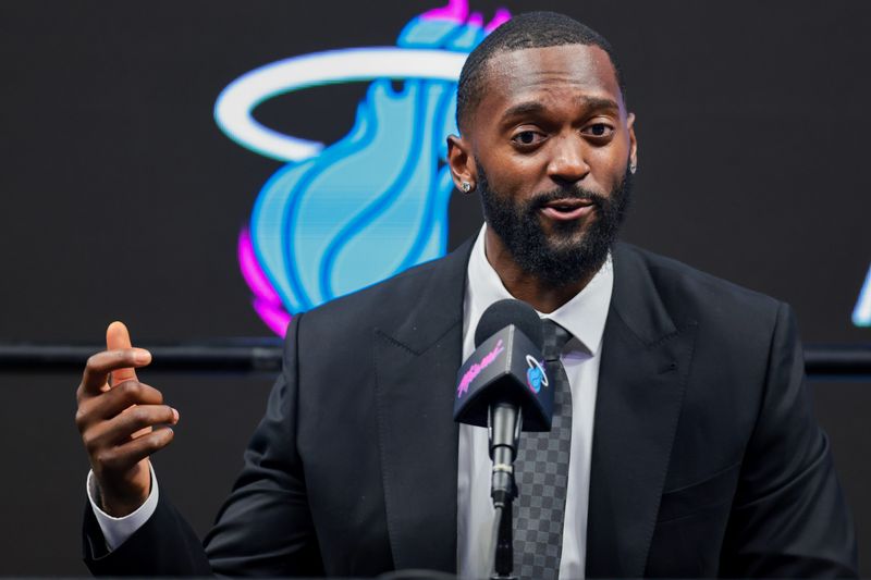 Jul 16, 2026; Miami, FL, USA; Miami Heat forward Bobby Portis (95) speaks to reporters during his introductory press conference at Kaseya Center. Mandatory Credit: Sam Navarro-Imagn Images