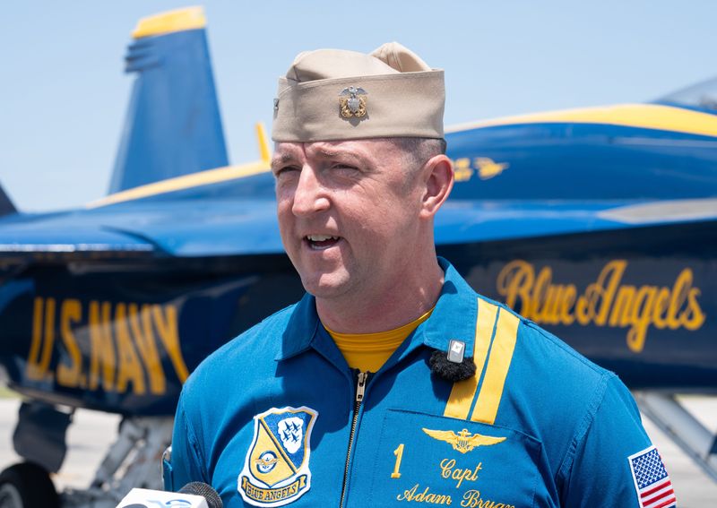 Blue Angels #1 flight leader Capt. Adam Bryan, USN, answers media questions at NAS Pensacola on July 16, 2026.