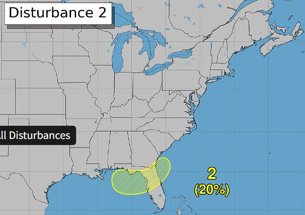 A screenshot of a National Hurricane Center graphic projecting a tropical system with a 20% chance of cyclone development over northern Florida. Current as of July 17, 2026.