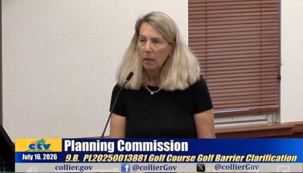 Letitia Accarrino addresses the Collier County Planning Commission on July 16, 2026, about concerns over barrier fencing proposed by the Quail Creek Golf Club in North Naples.